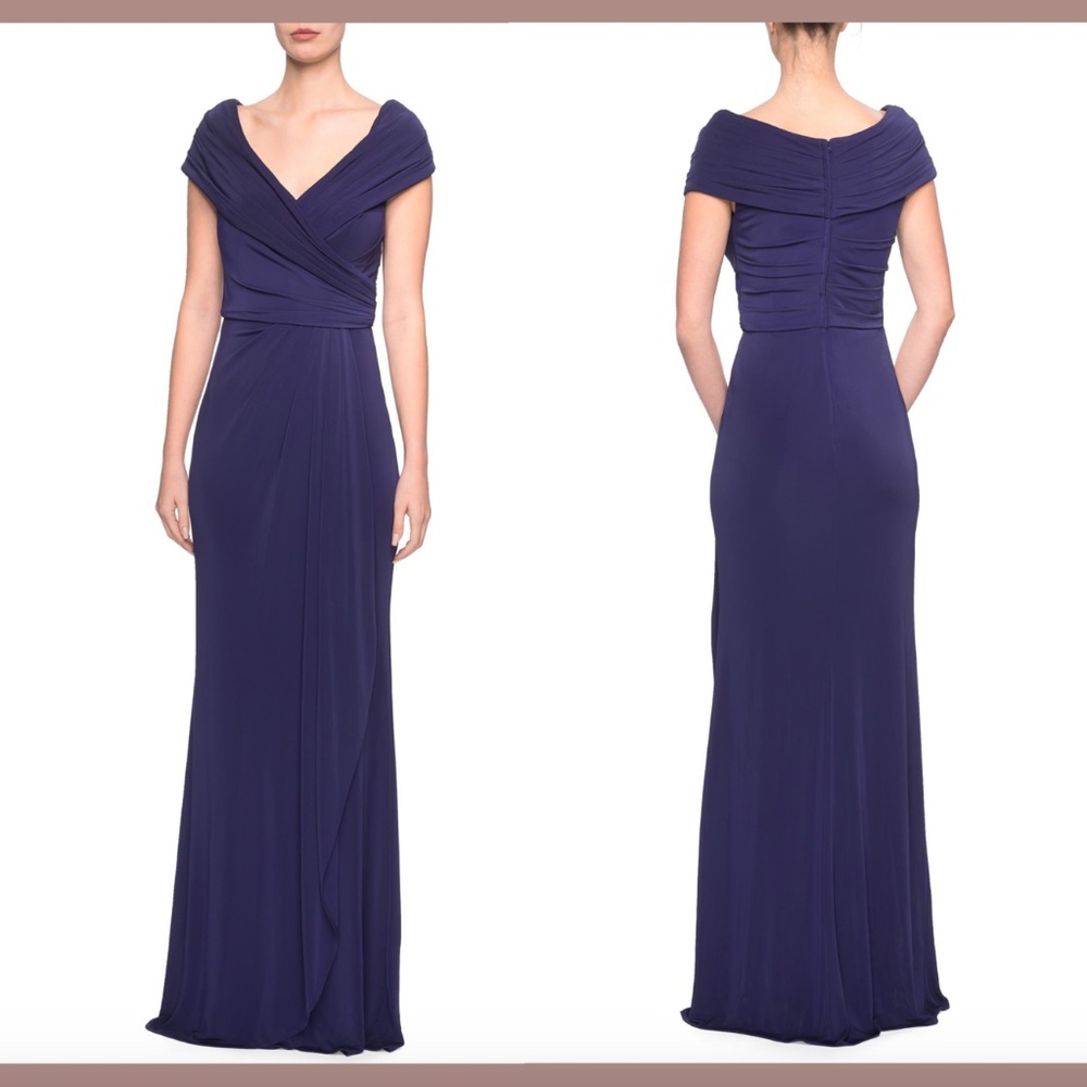 $318 La Femme Ruched Jersey Column Gown In Navy [Sz 16 ]